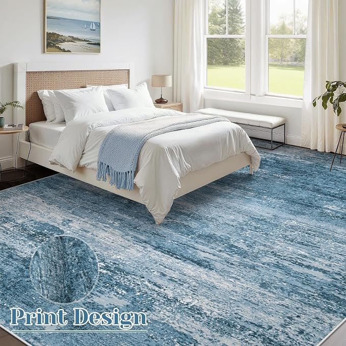 Washable Rug 9x12 Area Rugs for Living Room: Large Neutral Soft Rug Abstract Non Slip Low Pile Modern Carpet for Bedroom Kitchen Nursery Office Dining Room Indoor (Darkblue, 9'x12')
