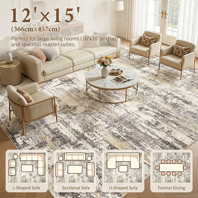 Area Rugs for Living Room: Abstract Washable Rug Modern Neutral Large Soft Stain Resistant Non-Slip Backing Machine Table for Bedroom Dining Room Indoor Home Office Carpet - 12x15 Gold Brown
