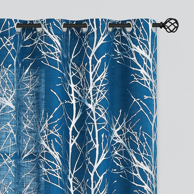 FMFUNCTEX Linen Semi Sheer Curtains for Bedroom & Living Room, Silver Metallic Print Navy Blue Tree Panel, Light Filtering, 63 Inches Long, 2 Panels