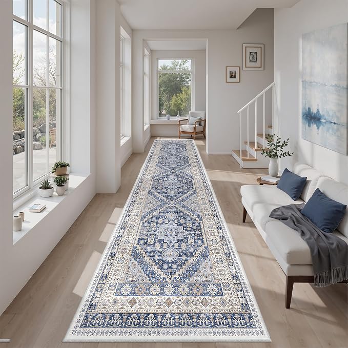 zesthome Long Rugs Runner - Washable Runner Rugs for Hallway 2x10, Ultra-Thin Soft Kitchen Carpet Runner, Anti Slip Backing Runner Rugs for Entrance, Bedroom, Living Room(Blue/Beige,2'x10')