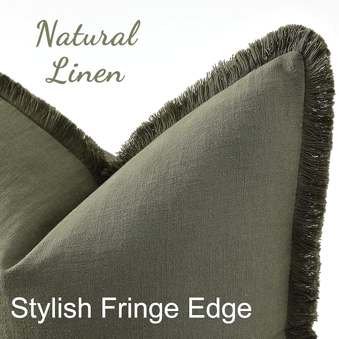decorUhome Linen Fringe Euro Sham Throw Pillow Covers Set of 2 Decorative Olive Green Pillow Covers with Tassels Soft Accent Boho Farmhouse Pillow Cases for Couch Bed Sofa 26x26 Inch