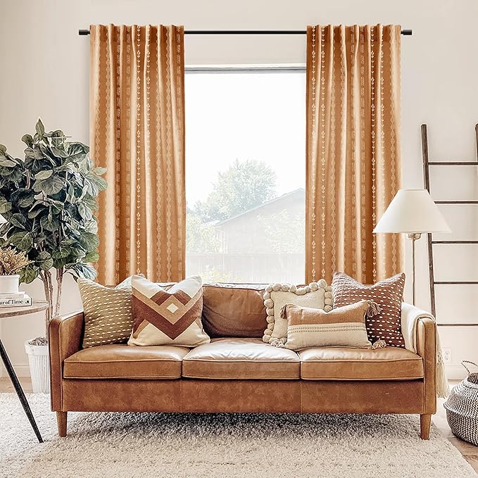 Vintage Bohemian Pattern Curtains 96 Inches Long 2 Panel Set,Sheer Hippie Terracotta and Cream Floral Print Patterned Boho Ceiling to Floor Length Modern Aztec Western Curtains for Living Room Bedroom