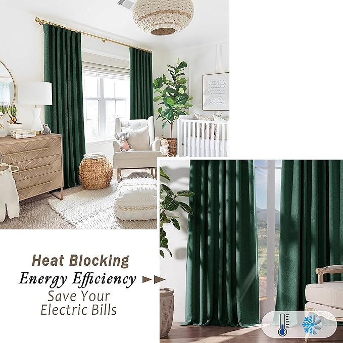Dark Emerald Green Back Tab Blackout Curtains, Linen Textured Hunter Green Dark Academia Curtains for Bedroom Living Room, 2 Panels