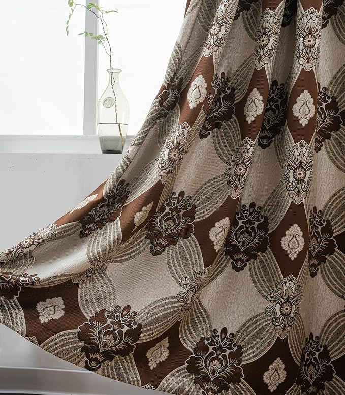 Petrichor Elegant Curtains with Gold Silver Threads 2 Panels Set - Luxury Window Treatment Attached Valance, Sheer Backing, and 2 Tie Backs for Bedroom and Living Room, 54x63 inches, Coffee