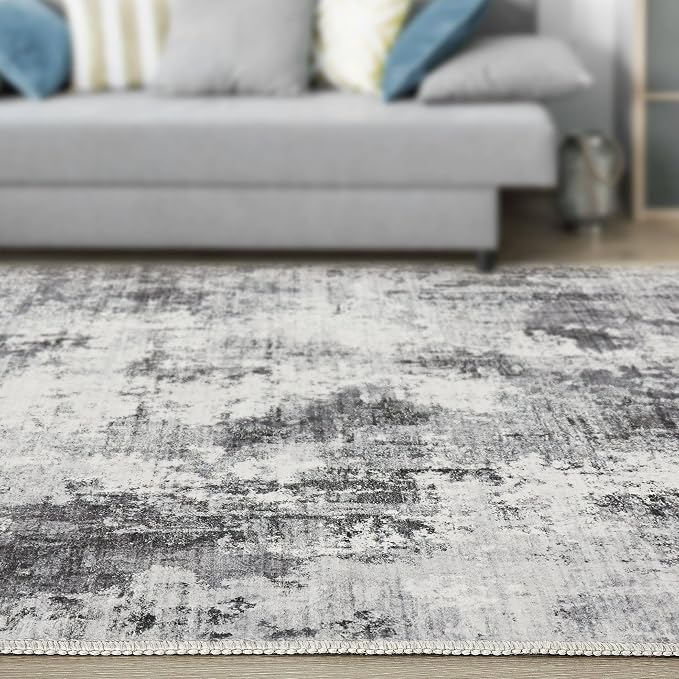 Abstract 9FT Round Rug: Machine Washable Non Slip Ultra Thin Low-Pile Carpet, Soft Stain Resistant for Living Dining Room Bedroom, Kid Pet Friendly, Robot Vacuum Compatible - Grey