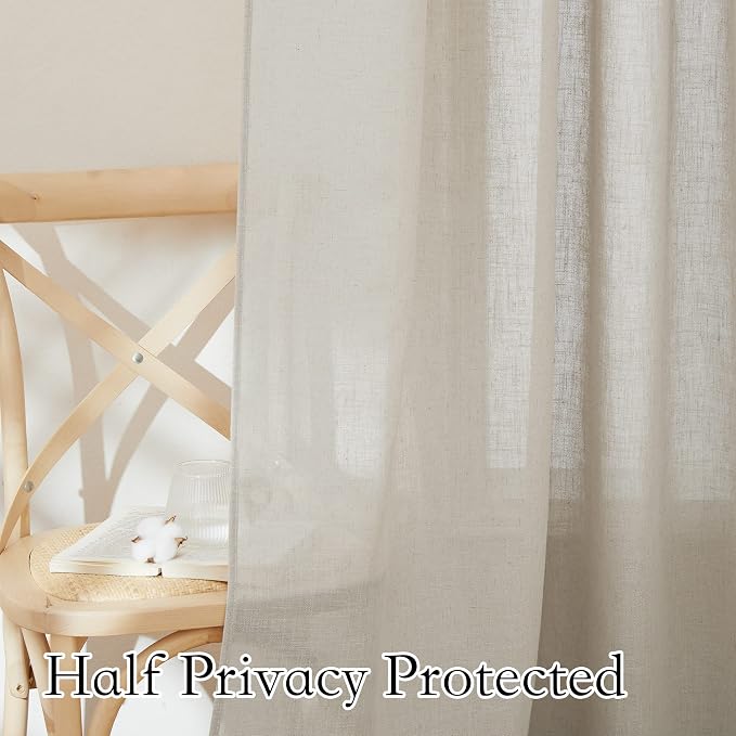 RYB HOME Sheer Curtains 95 inches Long - Linen Texture Semi Sheer Draperies Light Airy Breezy Window Decor for Sun Room Hotel Office Dorm Open House Bedroom, Angora, W 52 x L 95, 2 Pcs