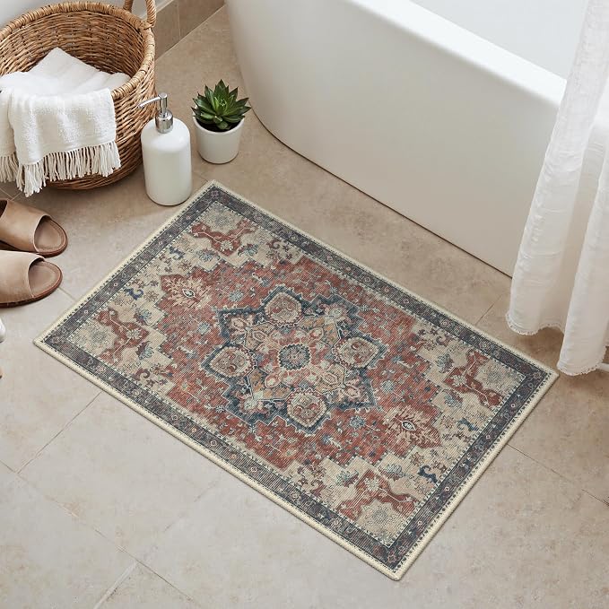 GENIMO Area Rug 2x3 Doormat, Machine Washable Low Pile Rugs, Small Retro Entryway Mat for Entrance, Hallway, Kitchen and Corridor, Bordeaux