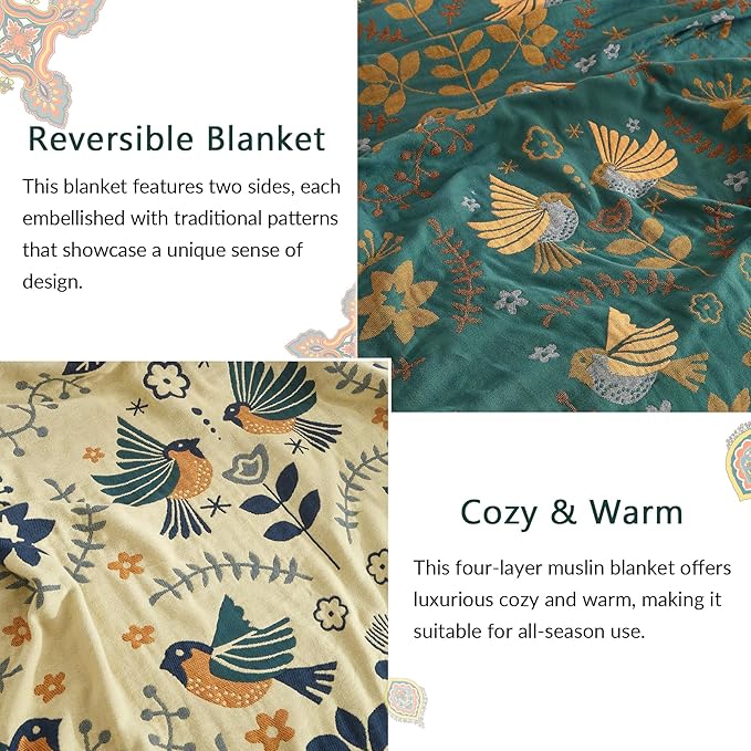 Bailix Boho Throw Blanket for Couch Sofa Bed, 100% Cotton Woven Quilt with Tassel 60”x80”, Super Soft Muslin Blanket with Bird Printed, Decorative Reversible Bed Blanket/Cover for All Seasons