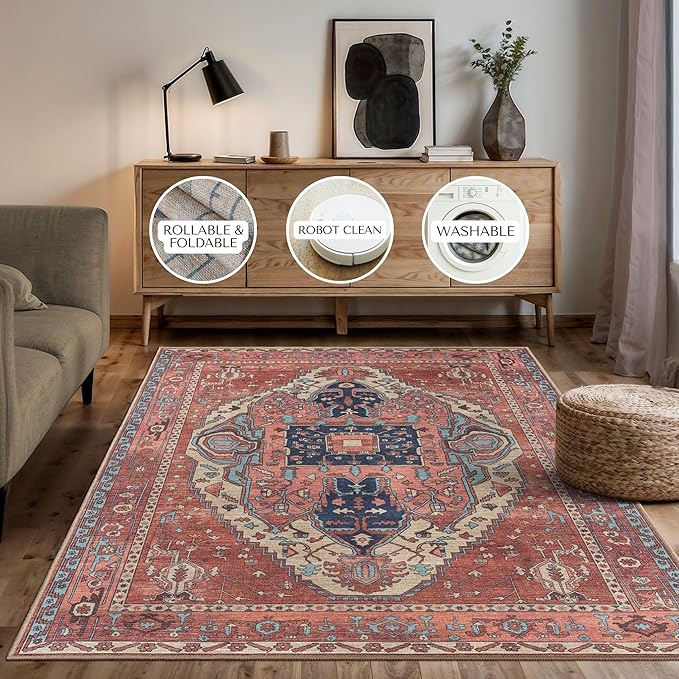 Brick Color Oushak Large Area Rug 8x10 - Washable Boho Rug Vintage Turkish Non-Slip Carpet Non-Shedding Extra Large Area Rugs for Living Room, Dining, Bedroom, Lounge, Farmhouse
