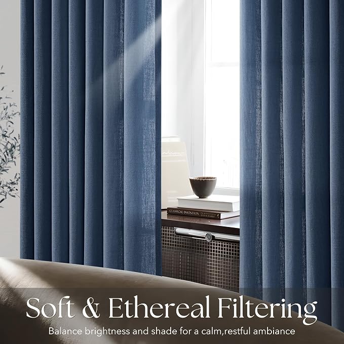 Pinch Pleated Navy Blue Curtains 96 inches Long 2 Panels for Living Room Textured Semi Sheer Pleat Linen Drapes 96 Inch Length with Hooks Navy Sliding Glass Door Light Filtering Curtain 8ft