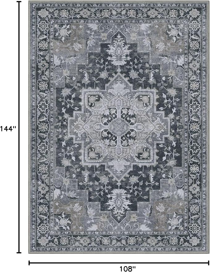 GENIMO 9x12 Area Rugs for Living Room, Machine Washable Non Slip Vintage Rugs, Low Pile Lightweight Print Rug for Bedroom, Dining Room, Home Office,Dark Gray