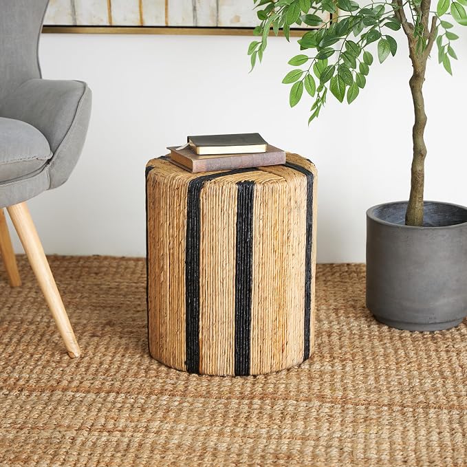 Deco 79 Banana Leaf Handmade Side End Accent Table Linear Wrapped End Table with Navy Stripes, Side Table 14" x 14" x 16", Brown