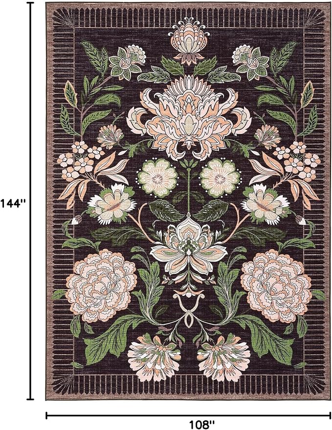 GarveeHome Plum Pink Floral Botanical Washable 9x12 Area Rug for Living Room Soft Black Purple Vintage Boho Cottage Large Rugs Low Pile Carpet for Bedroom Dining Nursery Rug