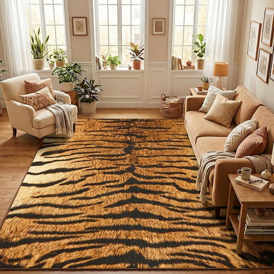 Soft Tiger Rug 4x6 Ft, Faux Animal Print Rugs for Living Room Bedroom, Non-Slip TPR Backing for Hardwood Floors, Machine Washable & Easy to Clean, Pet Friendly Carpet for Kids, Brown, Black