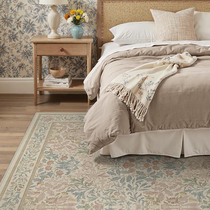 GENIMO 5x7 Washable Area Rugs for Living Room, Non Slip, Beige Pink | Vintage Boho Floral Low Pile Thin Carpet for Bedroom, Dining Room, Nursery, Indoor Decor