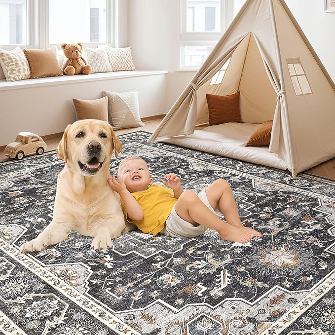 Vintage Living Room Area Rug 10x14 - Large Soft Washable Oriental Traditional Distressed Farmhouse Rugs for Bedroom - Indoor Floor Accent Carpet for Home Office House Decor - Black