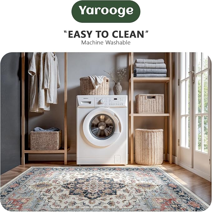 5x7 Area Rugs - Washable Rug Vintage Distress Boho Medallion Rugs for Living Room, Soft Non-Slip Backing Low Pile Carpet for Bedroom Dining Room Office Nursery Dorm Home, Blue Beige Orange