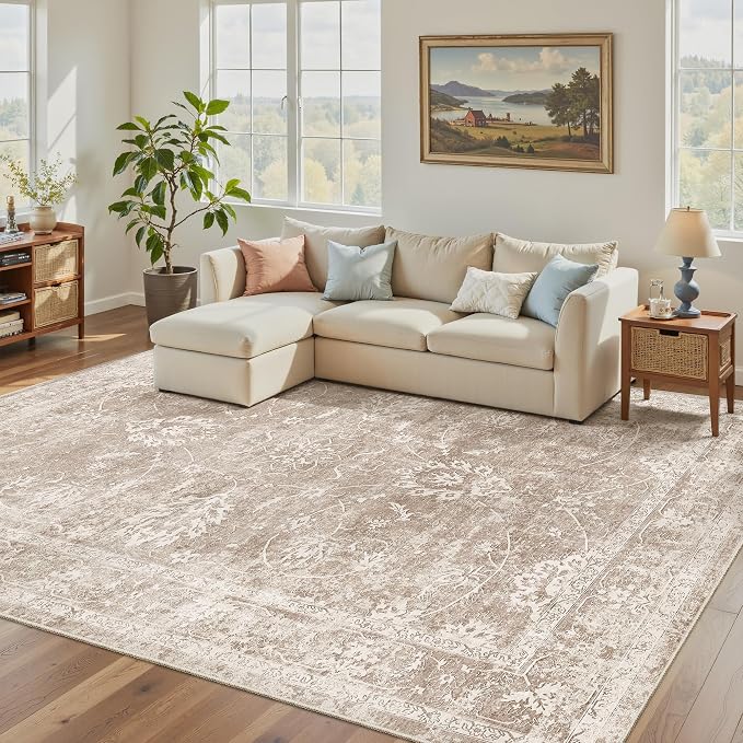 Madane Washable 7x9 Area Rugs for Living Room, Vintage Natural Rug with Non-Slip Backing, Soft Stain Resistant Throw Rugs Thin Carpet for Bedroom Dining Room Farmhouse (7 x 9, Brown/Sand)