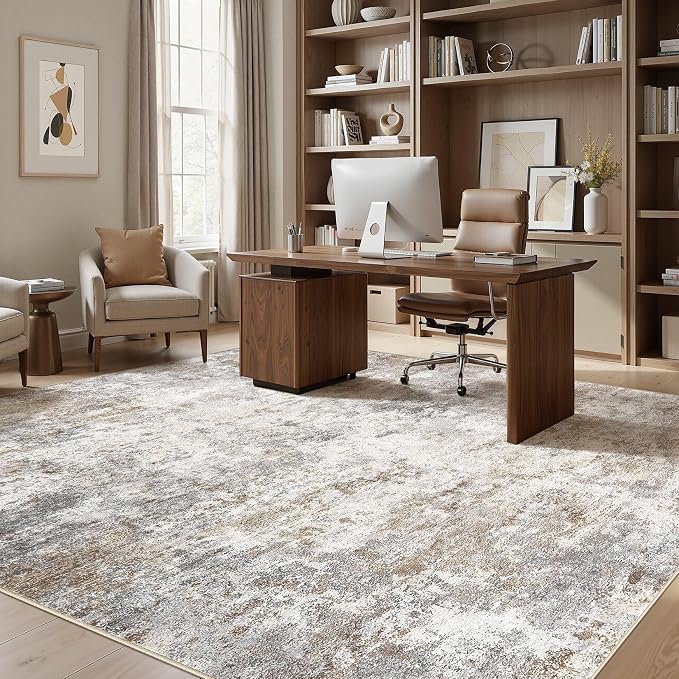UERMEI Square Area Rugs : Washable 12x12 Neutral Modern Abstract Carpet for Living Room Bedroom - Soft Floor Mat with Non Slip Backing for Kitchen Nursery Dorms Farmhouse Home Decor - Brown Grey
