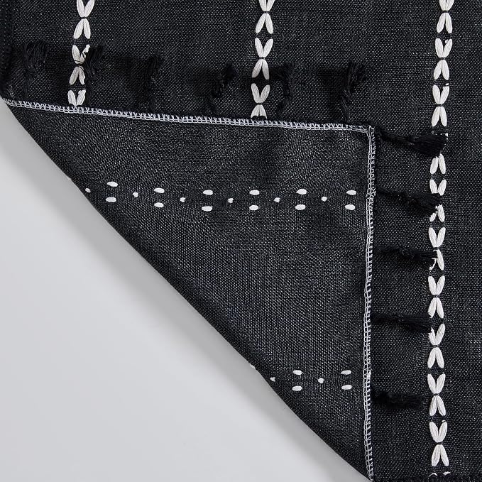 RoomTalks Black Boho Kitchen Curtains 36 Inch Length French Striped Modern Farmhouse Vintage Chic Gothic Moody Short Cafe Curtains for Small Window Kitchen Bathroom