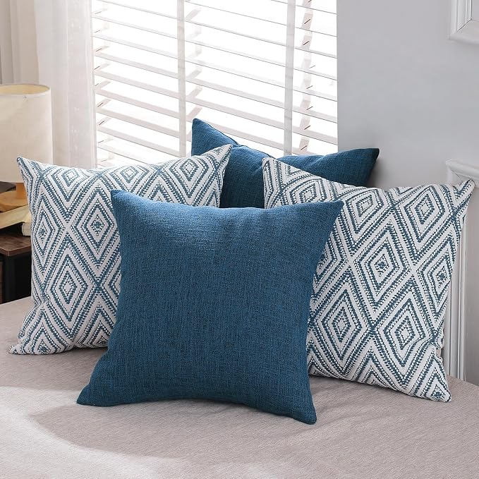 HPUK Throw Pillow Covers 18x18 Inch Set of 4, Linen Decorative Pillow Covers, Accent Cushion Covers for Couch Sofa Bed Bedroom Living Room Décor, Navy Blue