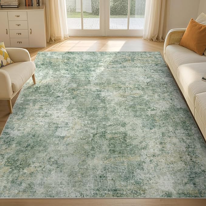 Tortania Washable 6x9 Area Rug for Living Room: Modern Abstract Neutral Large Soft Thin Rugs - Non Slip Indoor Carpet for Bedroom Dining Room Office Nursery Home Floor Decoration - Olive Green