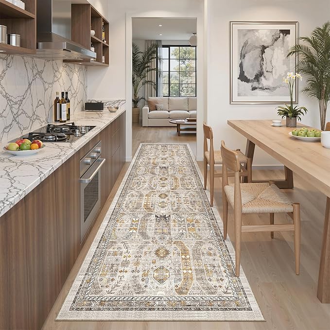 Madane Kitchen Runner 2'6''x8' Soft Rug Runners for Hallways, Brown/Gold | Vintage Machine Washable Rugs 2.5x8 Ft, Non-Slip Low Pile Stain-Resistant 8ft Floor Carpet for Laundry Room, Corridor