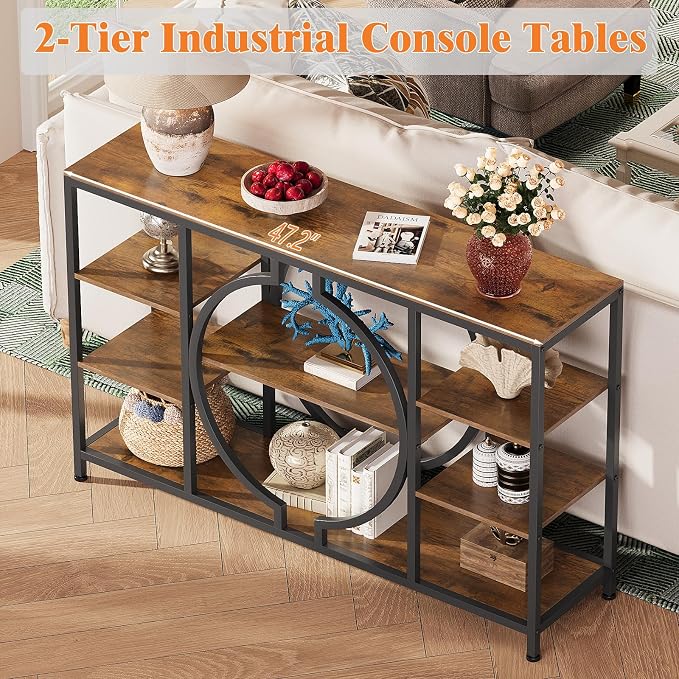 GiftGo 47" Industrial Console Tables for Entryway Rustic Sofa Table Behind Couch 4 Tier Wooden Shelves Entry Table with Storage for Foyer, Hallway, Front Door,Living Room (Rustic Brown, 47")