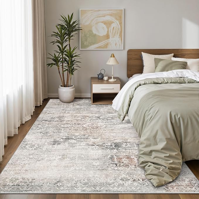 Soalmost 6x9 Area Rugs for Living Room, Washable Bedroom Soft Rug Taupe | Vintage Floral Stain Resistant Non-Slip Low Pile Throw Large Carpet for Dining Room Kitchen Home Office Nursery 6'x9'