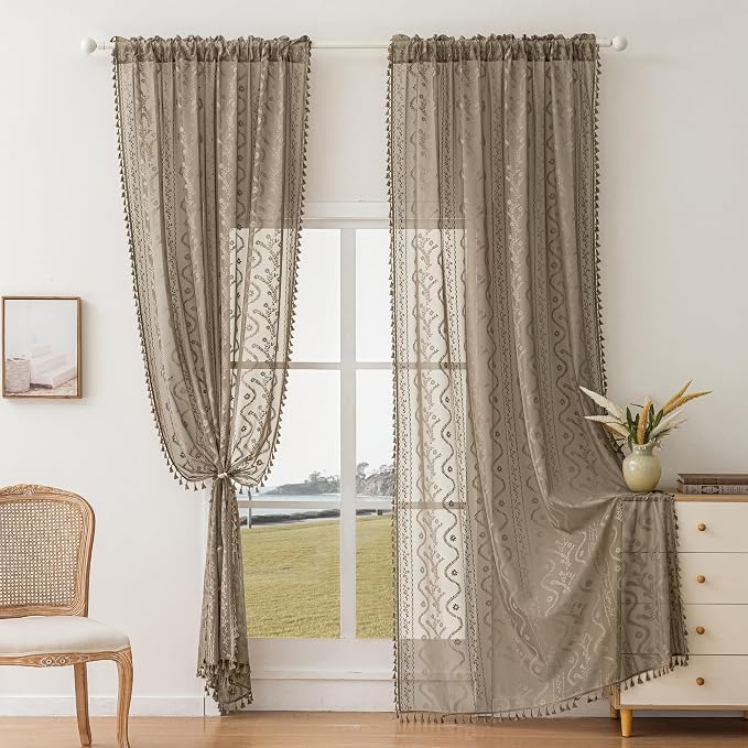 WAZZIO Boho Lace Curtains 2 Panels 84 Inch -Victorian Sheer Panel Drape French Country Floral Pattern & Tassel Light Filtering Privacy for Bedroom Dining Living Room,Coastal Decor,Taupe,W52x L84