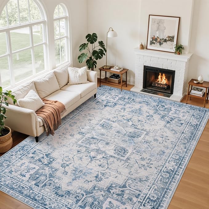 5x7 Area Rugs for Living Room:Blue Washable Vintage Medallion Boho Rug Non-Slip No Slip Stain Resistant Soft Low Pile Large Rugs Indoor Retro Carpet for Bedroom Nursery Dining Office (Blue Grey 5'x7')