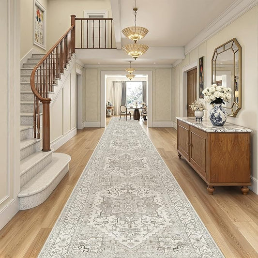 Madane Hallway Runner Rug 3x20 Washable Kitchen Runners 20ft, Beige/Brown | Vintage Non Slip Extra Long Area Rugs , Soft Low-Pile Farmhouse Wide Floor Carpet for Corridor Entryway Bathroom Bedroom