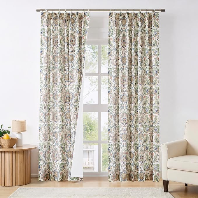 Vision Home Green Damask Medallion Pinch Pleated Light Filtering Curtains, Linen Window Drapes with Microfiber Liner & Back Tab Hooks for Living Room Bedroom, Bohemian Floral Print 40x90 Inch 2 Panels