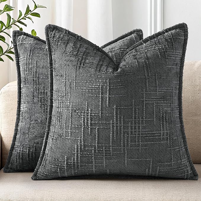 decorUhome Chenille Throw Pillow Covers 26x26 Set of 2, Thick Textured Slubby Neutral Decorative Pillow Covers with Elegant Design for Couch, Sofa, Living Room, Dark Grey