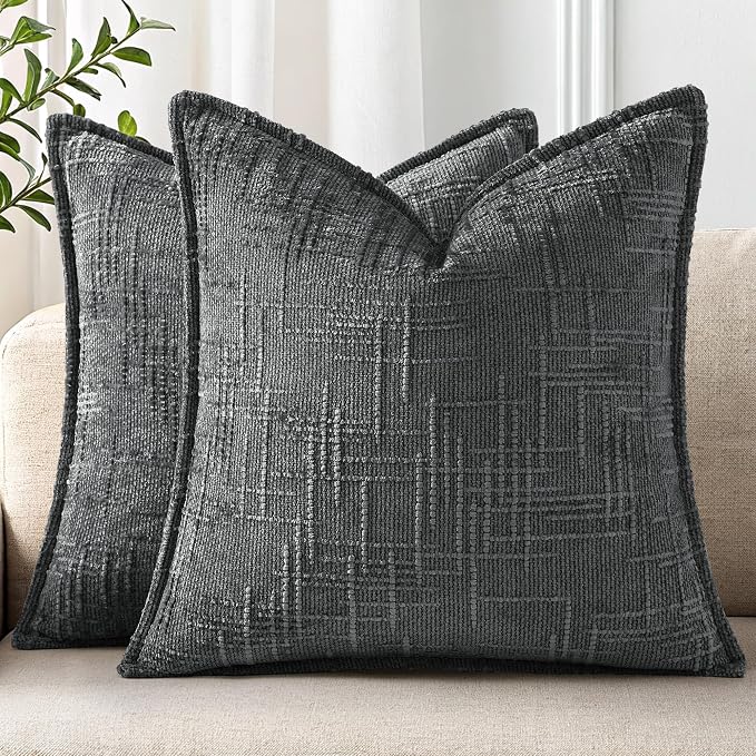 decorUhome Chenille Throw Pillow Covers 16x16 Set of 2, Soft Textured Slubby Modern Decorative Pillow Covers with Elegant Design for Couch, Sofa, Living Room, Dark Grey