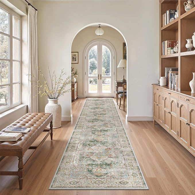 Madane Washable Runner Rugs 2x10 Long for Hallway Kitchen, Green | Non-Slip Low-Pile 10ft Rug Runners Soft, Stain-Resistant Floor Carpet Mat for Entrance, Living Dining Laundry Room, Stair