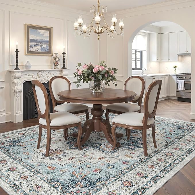 Madane 5x7 Area Rugs for Living Room, Non-Slip Washable Rug, Blue | Ultra-Thin Stain Resistant Vintage Large 5'X7' Carpet, Soft Low Pile Floor Mat For Bedroom Dining Room Office Home Decor