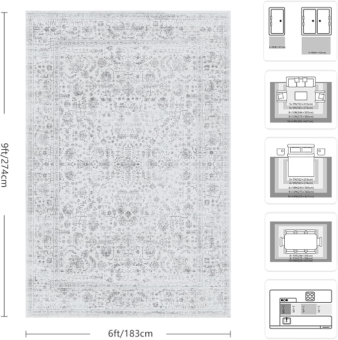 6x9 Area Rugs, Washable Vintage Retro Floral Rug for Living Room, Low Pile Non Slip Distressed Large Carpet for Bedroom, Dining Room, Office, Home (Grey)