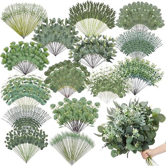 Thiccywoov 250 Pcs Artificial Eucalyptus Leaves Stem Bulk Fake Greenery Faux UV Resistant Sprays Silver Dollar Eucalyptus for DIY Wedding Bouquet Vase Floral Arrangement Decor (Green,15 Kinds)