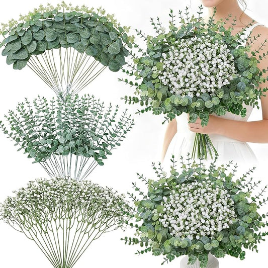 Serwalin 75Pcs Mixed Eucalyptus Greenery Stems 3 Kinds,Baby Breath Flowers Artificial Bulk with Faux Eucalyptus Stems Fake Greenery for DIY Bouquets Wedding Floral Arrangement Home Decor