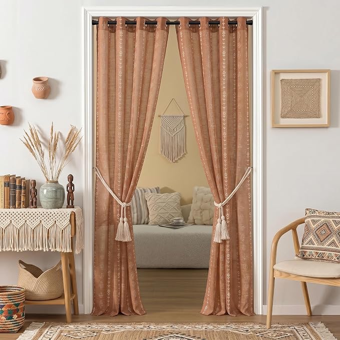 Lino Rosa Boho Doorway Curtain Tapestry, Hippie Sheer Closet Curtain for Open Closet, Decorative Whimsical Farmhouse Drapes for Bedroom Bathroom, 80 inch 2 Panels, Terracotta Burnt Orange
