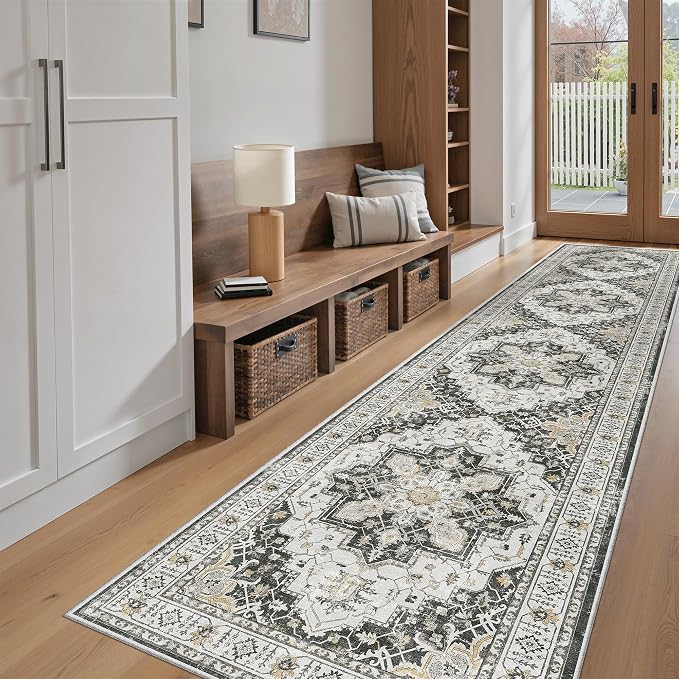 Madane Hallway Runner Rug 2'6''x12' Kitchen Runners Vintage, Black | Non-Slip Washable Rugs 12ft for Laundry Room, Entryway and Bedroom, Soft Low Pile Stain-Resistant Wide 2.5x12 Ft Floor Carpet