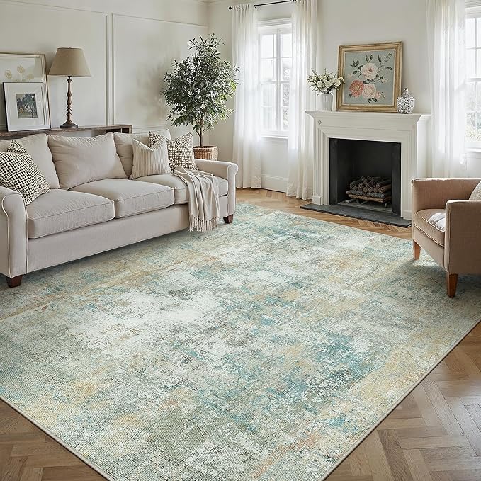 9x12 Washable Area Rug Teal Beige Abstract Non Slip Soft Low Pile Rug for Living Room Bedroom Dining Room Office Neutral Modern Indoor Large Throw Carpet for Home Decor
