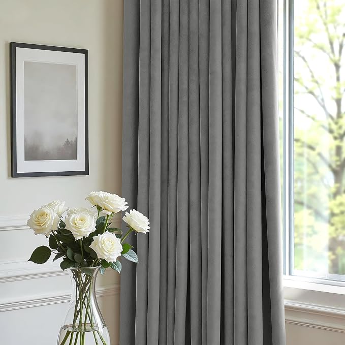 Gray Velvet Curtains 96 Inches Long Grey Thermal Insulated Thick Plush Velvet Blackout Curtains Noise Reduce Back Tab Rod Pocket Luxury Panels for Bedroom Living Room Dining 2 Panels 52x96 Inch Length