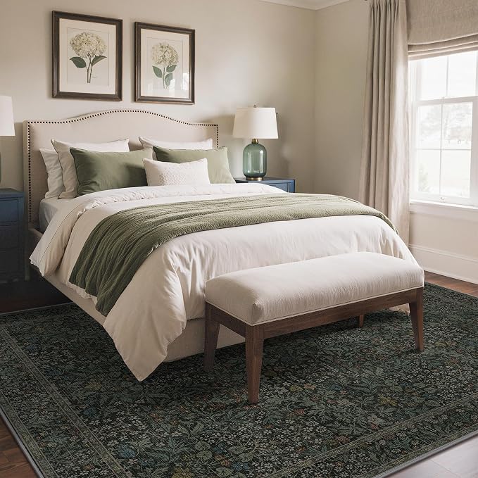 GENIMO 6x9 Washable Living Room Area Rug, Non Slip, Charcoal Green | Vintage Boho Floral Low Pile Thin Carpet for Bedroom, Dining Room, Nursery, Indoor Decor