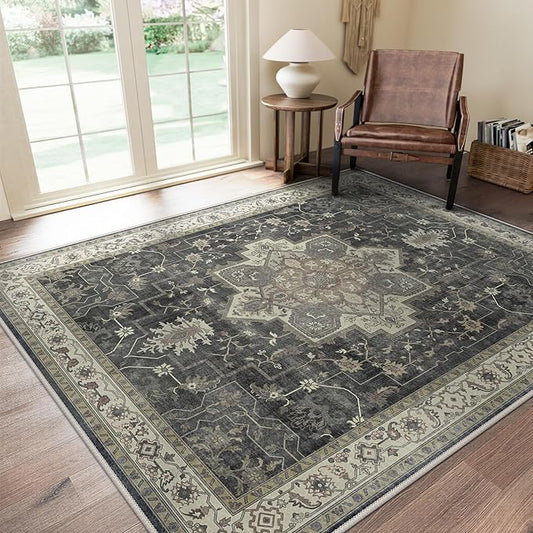 GENIMO 8x10 Area Rugs for Living Room, Machine Washable Rug, Non Slip Indoor Vintage Rug, Low Pile Lightweight Chenille Print Carpet for Bedroom Dining Room Home Office, Muted Charcoal Beige