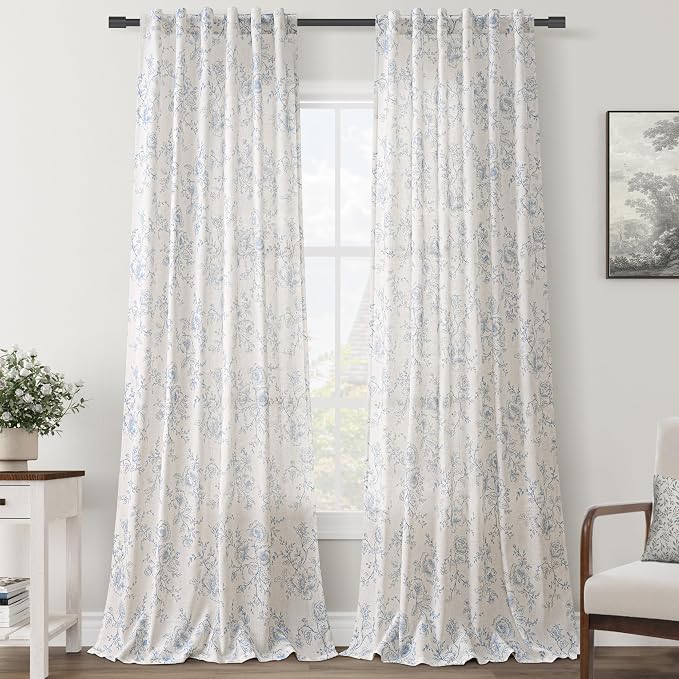 Blue Floral Curtains 108 inch Length Back Tab Farmhouser Living Room Light Filtering Curtains Blue Pattern Print on Cream White Linen Curtain Panel Minimalist Aesthetic Sketch Style Vintage Room Decor