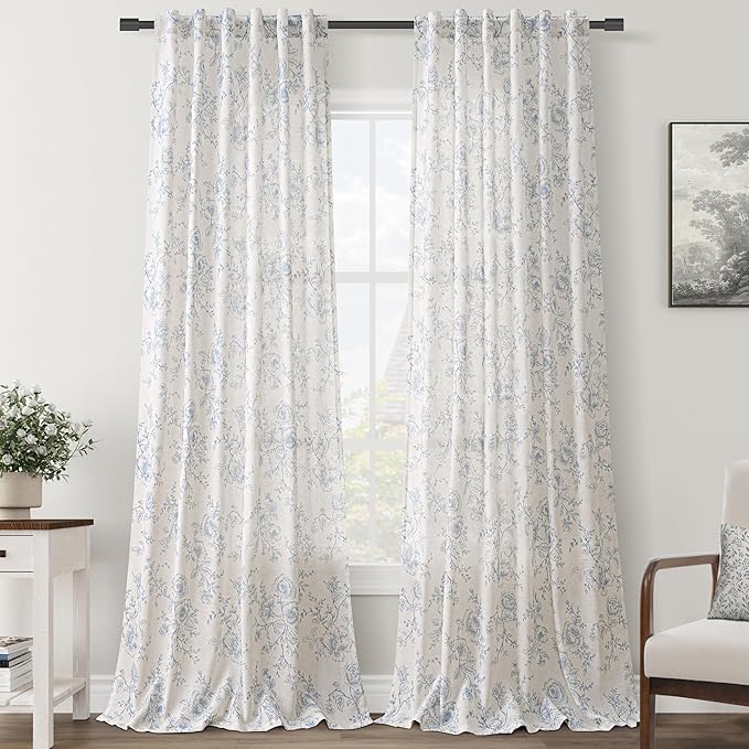 Blue Floral Curtains 132 inch Length Back Tab Farmhouser Living Room Light Filtering Curtains Blue Pattern Print on Cream White Linen Curtain Extra Long 11 FT Minimalist Aesthetic Vintage Decor