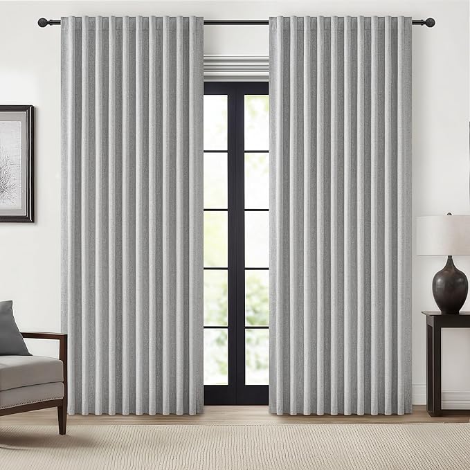 QJmydeco Grey Curtains 60 Inch Length Wide Pleated Blackout Curtain for Sliding Glass Door/Living Room, Farmhouse Linen Thick Boho Bedroom Heavy Insulated Large Window Drapes (60" Wx90 Lx2Panels)