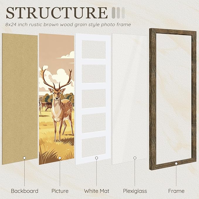 Picrit 8x24 Wooden Brown Rustic Collage Picture Frame 3 Pack, Fits Five 4x6 Photos or One 8x24 Picture, Gallery Frame Set - Poster Frames for Horizontal or Vertical Display